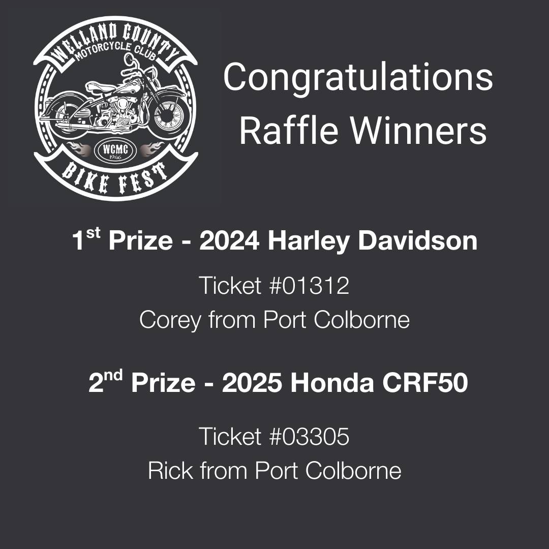 Congratulations to the 2025 Bikefest Raffle Winners. Winner information displayed
