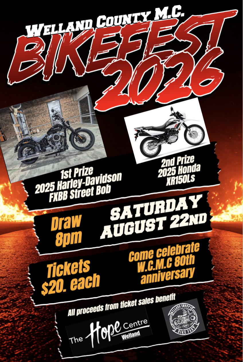 Bikefest 2026 Poster, Bike Raffle Draw, August 22, proceeds support The Hope Centre